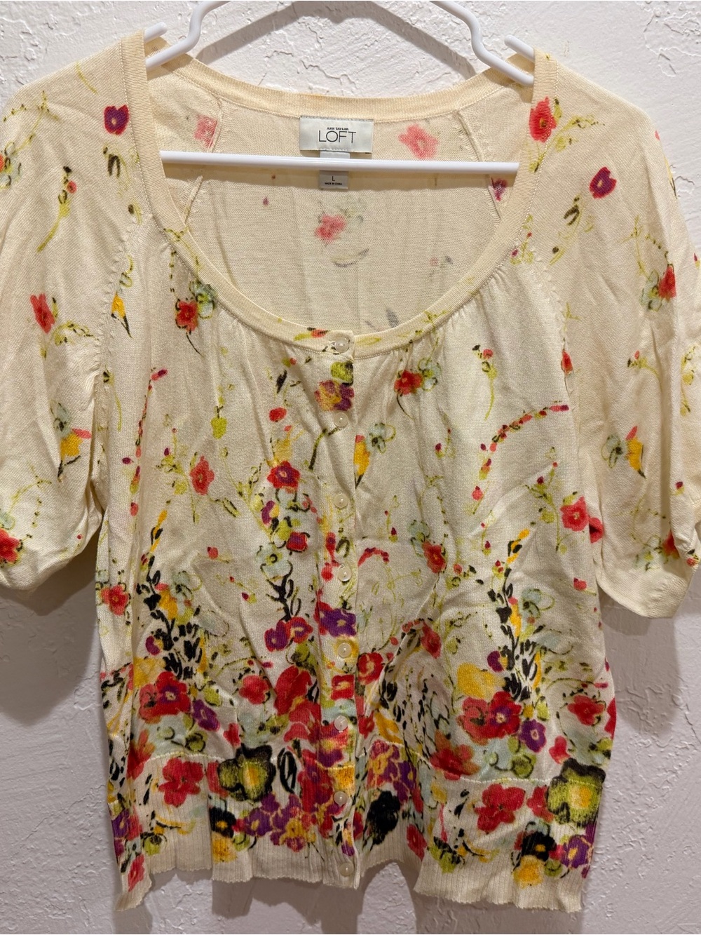 LOFT Cream Floral Button-Front Short Sleeve Top